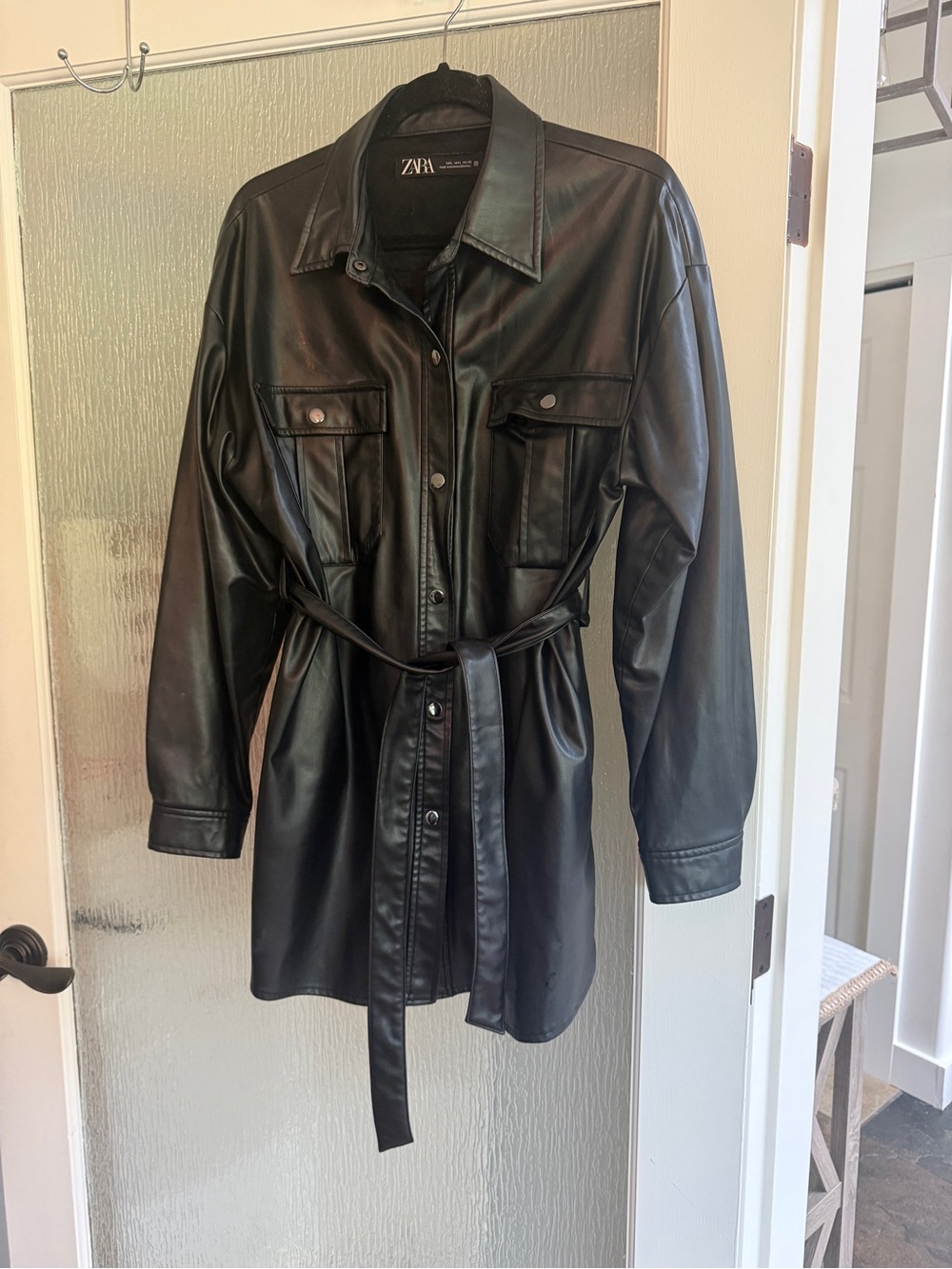 Zara Black Faux Leather Belted Shirt Jacket
